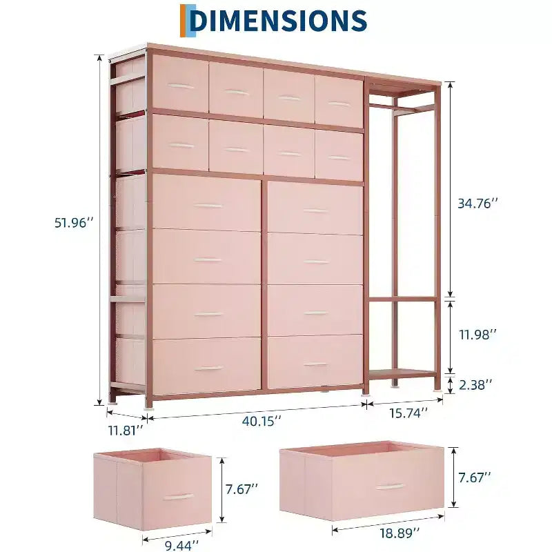 Commode avec 16 tiroirs, tringle et étagères, organisateur de rangement en tissu pour chambre, dressing ou entrée