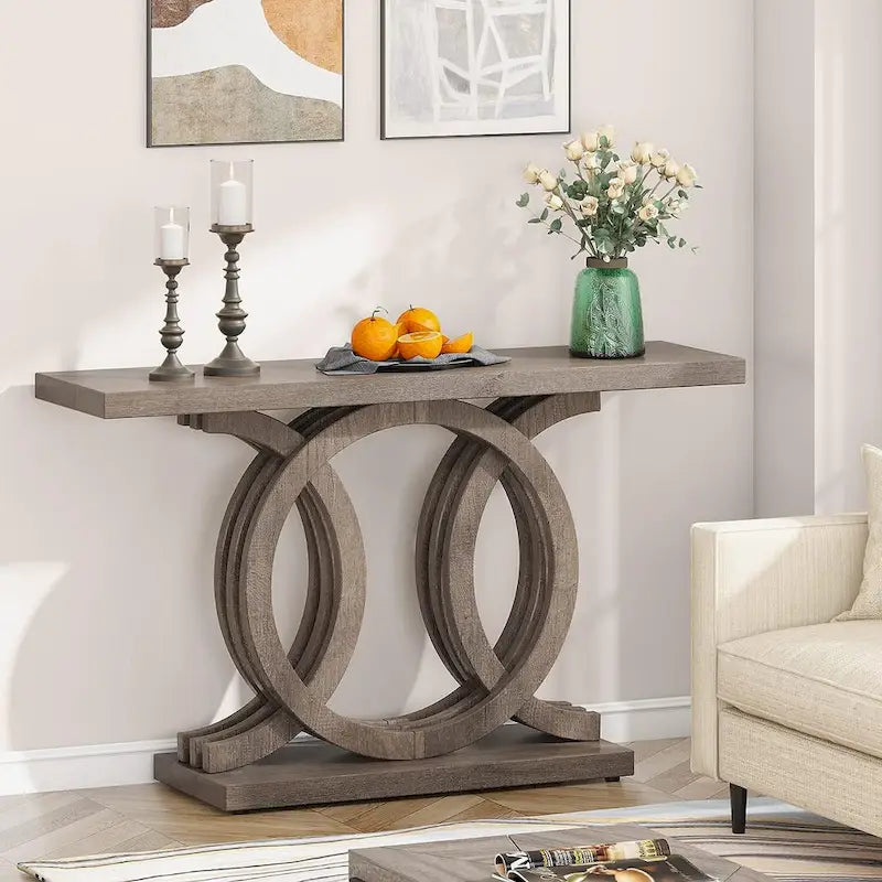 Vintage consoletafel met geometrisch onderstel, houten haltafel
