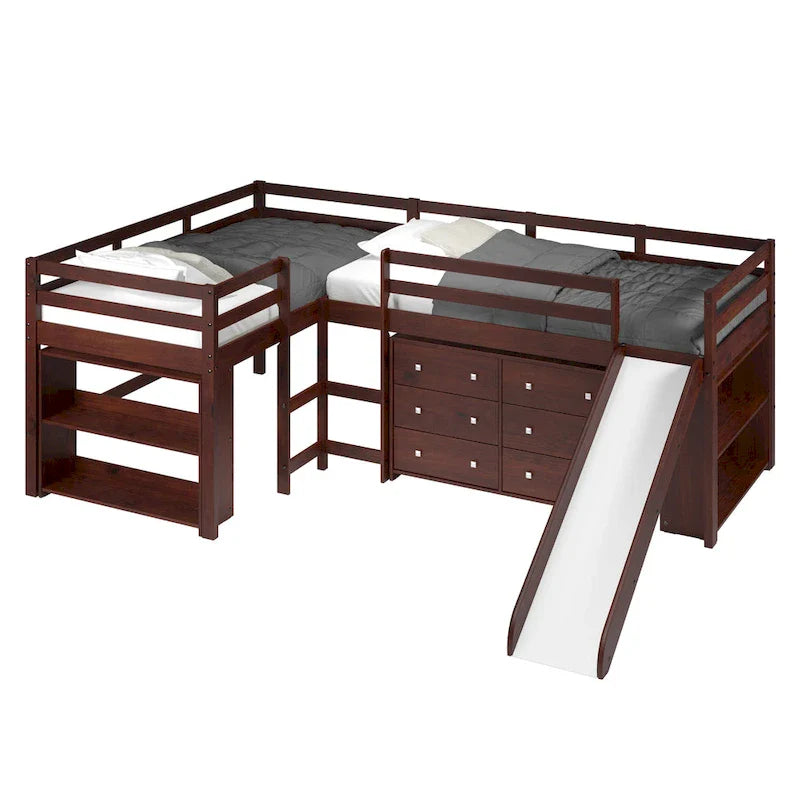 L-förmiges Doppel-Twin-Hochbett-Set mit Rutsche in dunklem Cappuccino