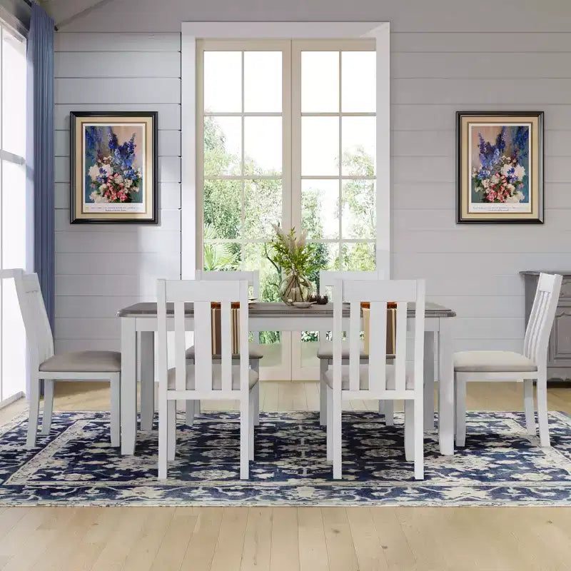 Ensemble de table à manger extensible de style champêtre pour 6 personnes, table rectangulaire et 6 chaises rembourrées