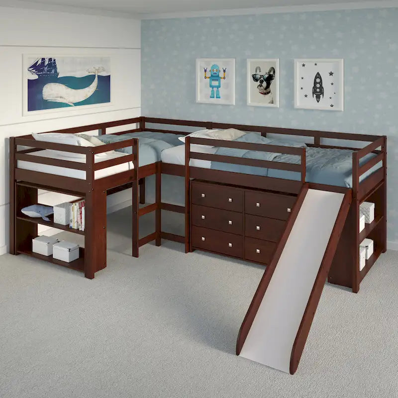 L-förmiges Doppel-Twin-Hochbett-Set mit Rutsche in dunklem Cappuccino