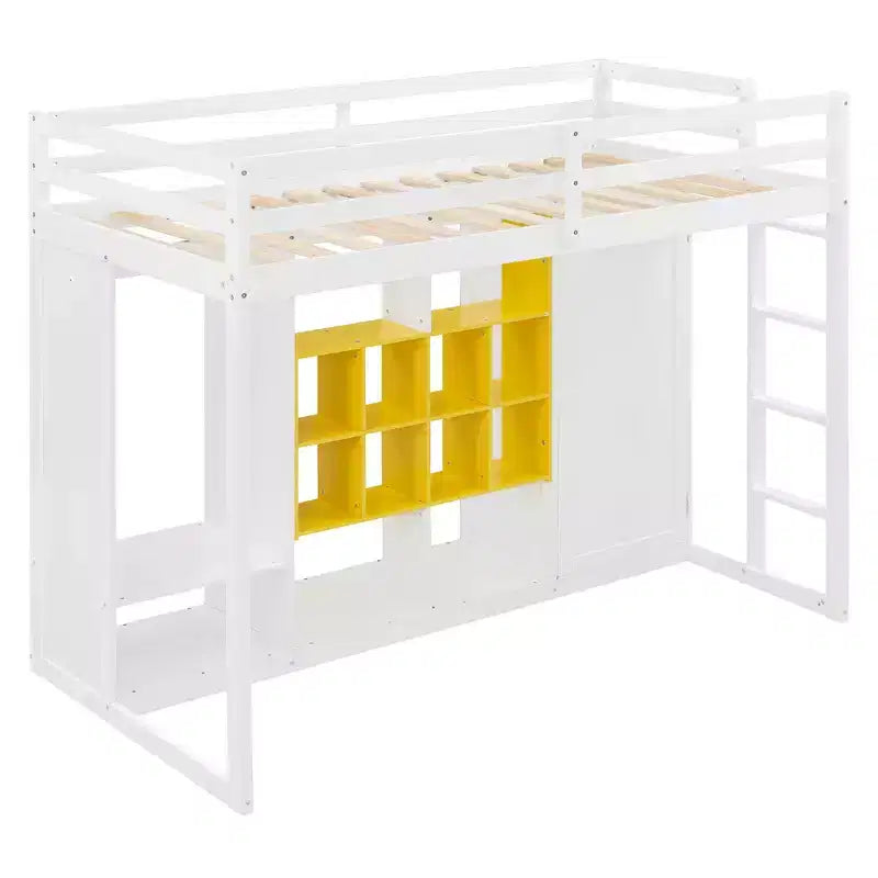 Kinderhoogslaper met kledingkast en planken, houten hoogslaperframe met opbergkast voor kinderen en tieners