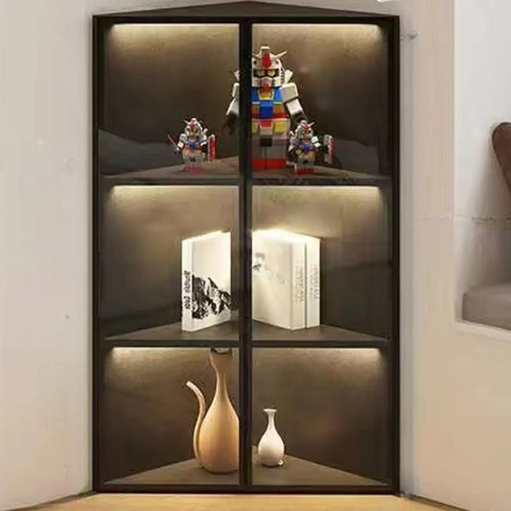Moderner grauer Eckvitrinenschrank aus Metall und Holz mit Glastür