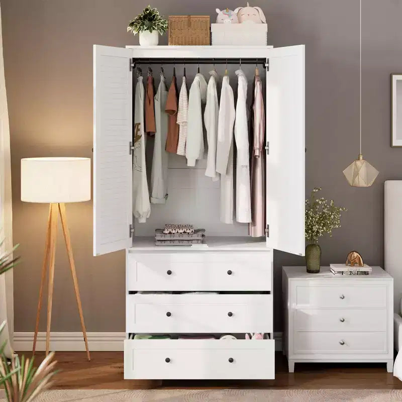 COZONY 3 çekmeceli ve 2 kapılı gardırop, yatak odası için modern ahşap giysi dolabı, dayanıklı beyaz ayaklı gardırop