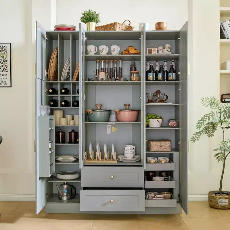 Garde-manger de cuisine autoportant Whisen de 180 cm de hauteur, grande armoire de rangement pour salle à manger avec 6 portes et étagères réglables