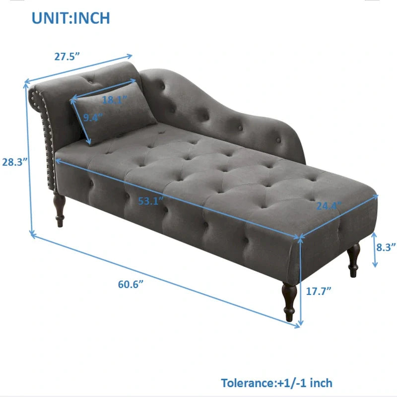 Chaise longue moderne de 60,6 po, revêtement en velours, boutons capitonnés, pieds en bois massif et clous décoratifs