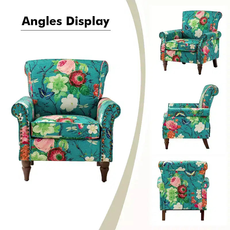 Sillón floral tradicional Araceli con estructura de madera, tapizado, respaldo alto con alas y acabado de tachuelas| ART OF LIVING DESIGNS