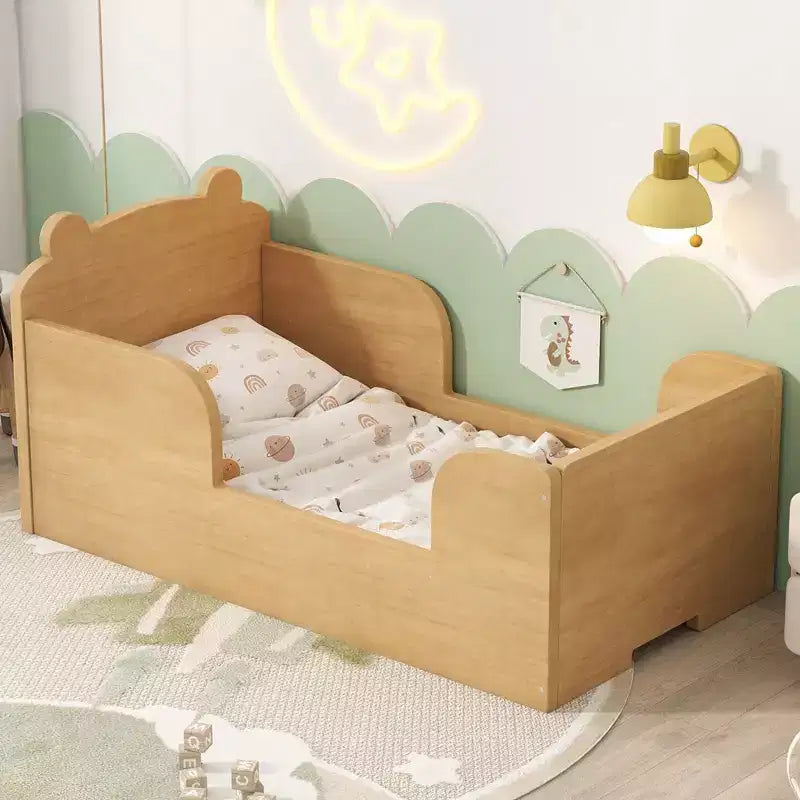 Okak Bear-Shaped Floor Bed for Ages 3-6, Toddler Bed Frame with Safety Fence, Cute Animal-Shaped Kids Bed