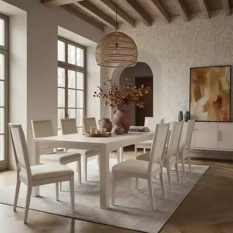 Moderne eetset - tafel van 80 + 6 stoelen met kussens, frame van massief hout, tafel draagvermogen van 400 lbs, eenvoudige montage