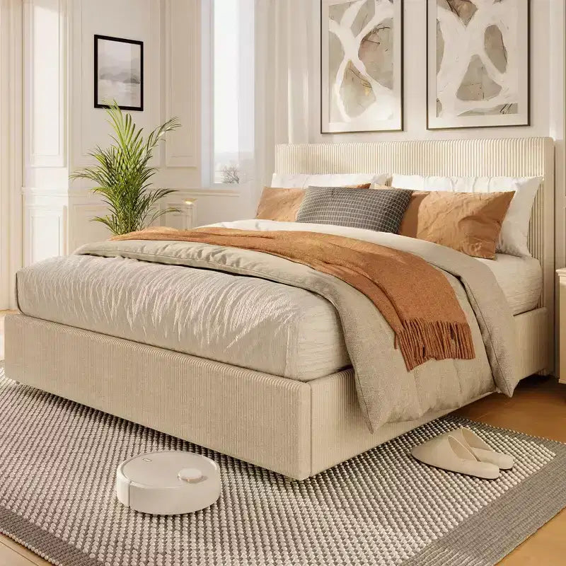 CuisinSmart corduroy bedframe met hoofdbord, gestoffeerd platformbed met 4 opbergladen en houten lattenbodem