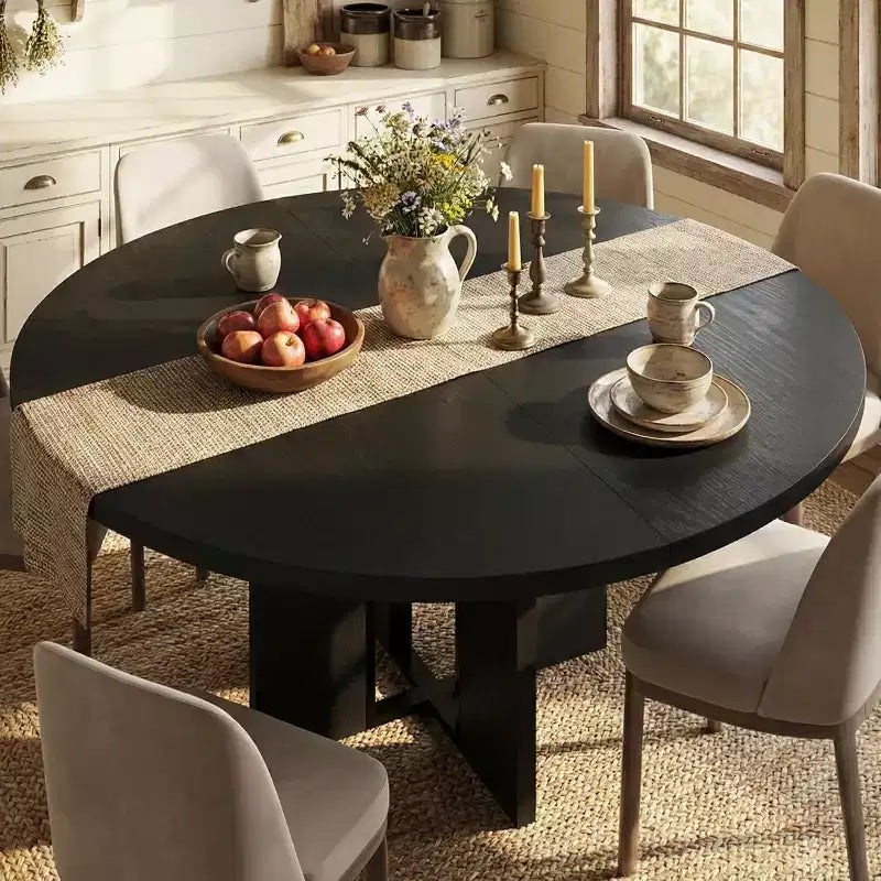Ausziehbarer runder Esstisch, 47–63 Zoll, für 4–8 Personen, ausziehbarer Küchen- und Esstisch aus Holz im Landhausstil mit Metallgestell, oval, platzsparend für Wohnungen, Retro-Grau