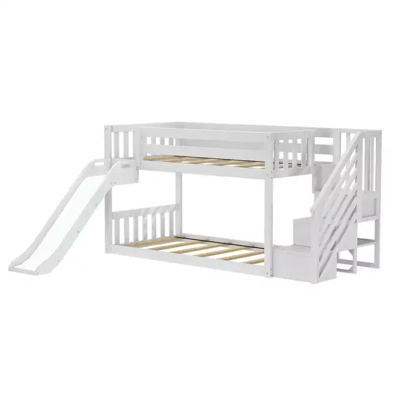 Lit superposé bas simple avec escalier, toboggan facile à utiliser et rideau de camion de pompiers