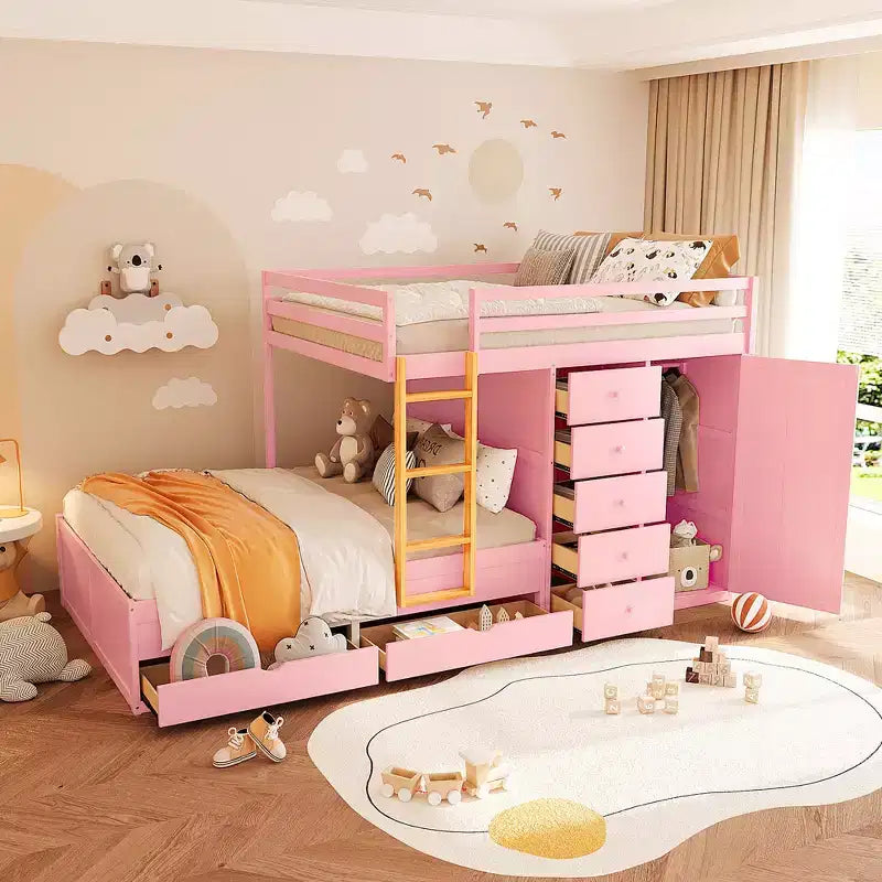 Stapelbed met twee volledige bedden, opbergkast en laden, houten ruimtebesparend stapelbed van volledig formaat met veiligheidshekje voor appartement of slaapkamer