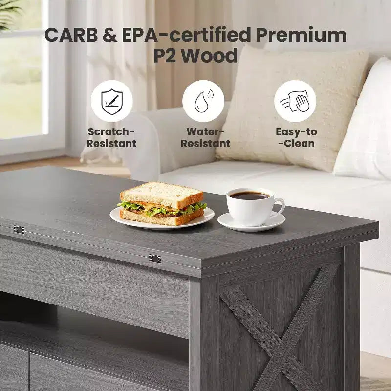 Mesa de centro elevable con espacio de almacenamiento, mesa de centro de estilo rústico, mesa de centro con dos cajones para el salón y la oficina en casa