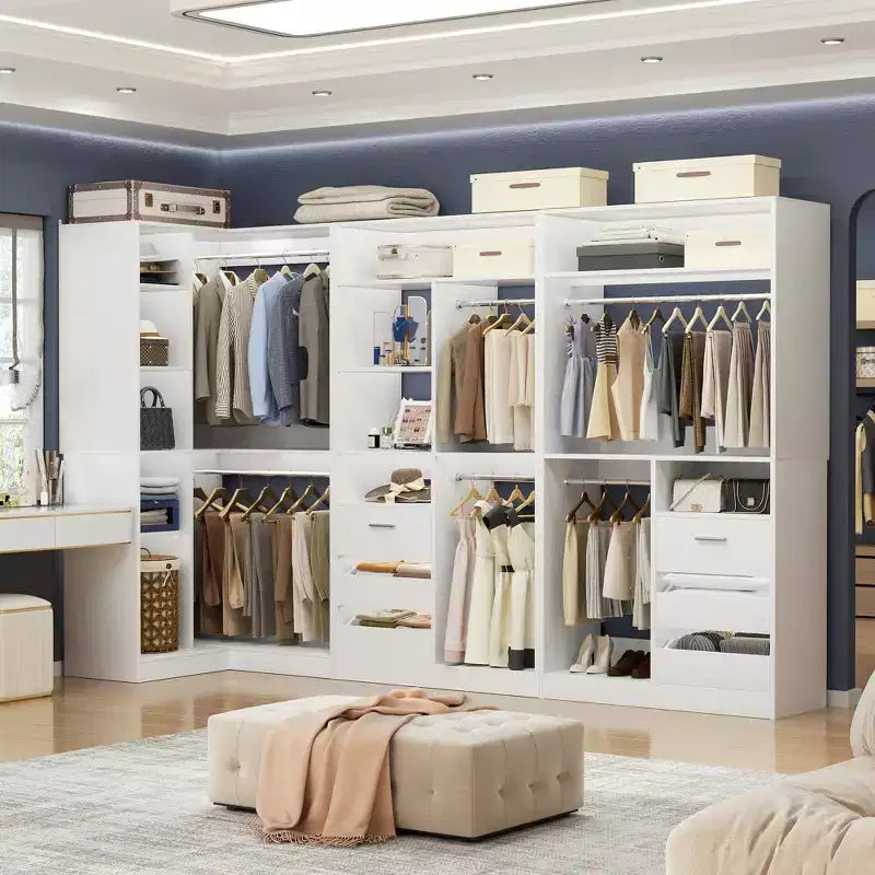 Besiost 3-teiliges Eck-Kleiderschranksystem mit Regalböden und Schubladen, freistehender Kleiderschrank-Organizer mit Kleiderstangen