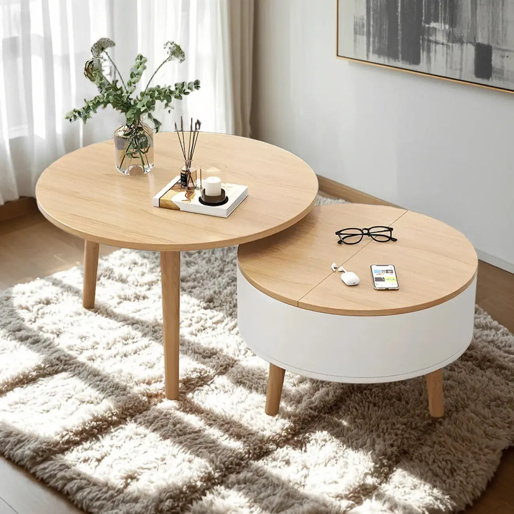Moderne ronde houten salontafel in zwart en wit met opbergruimte