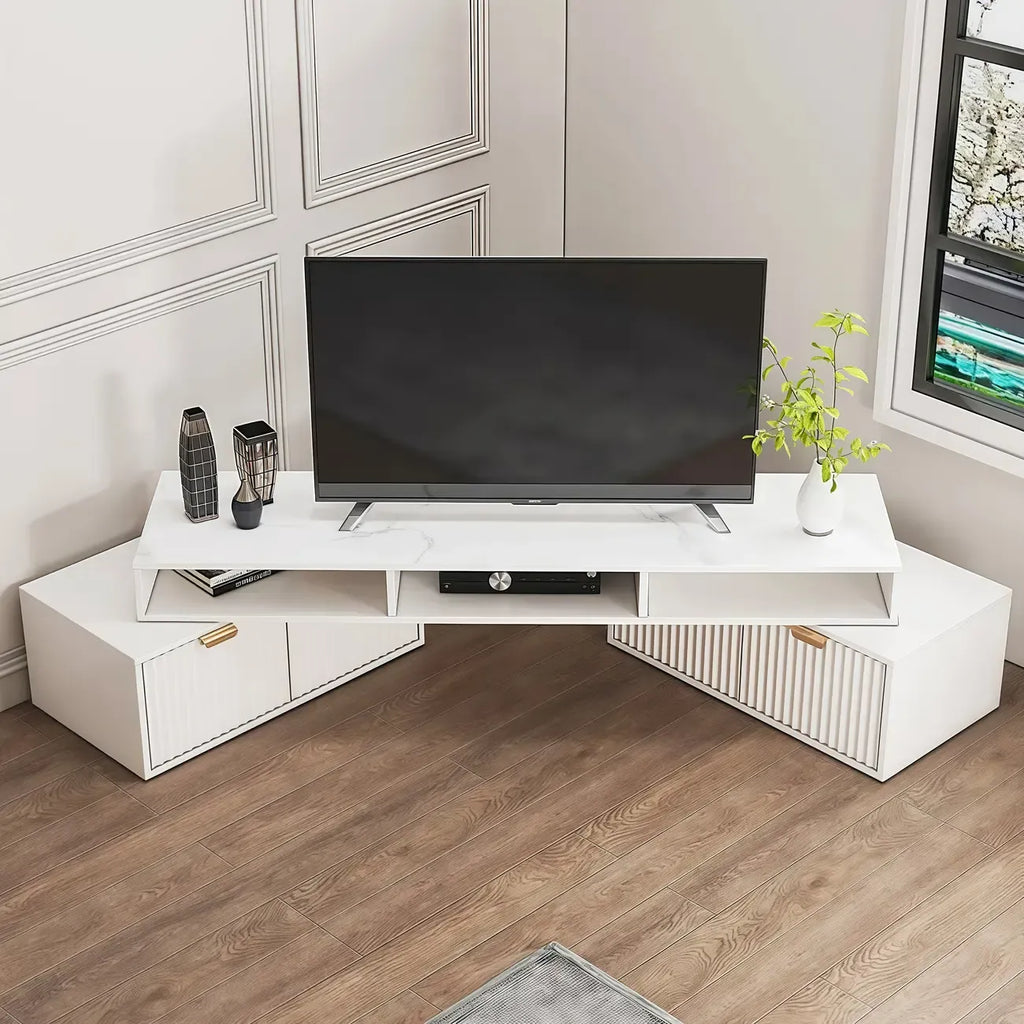 Modern White 2-Drawer Open Storage Corner TV Stand
