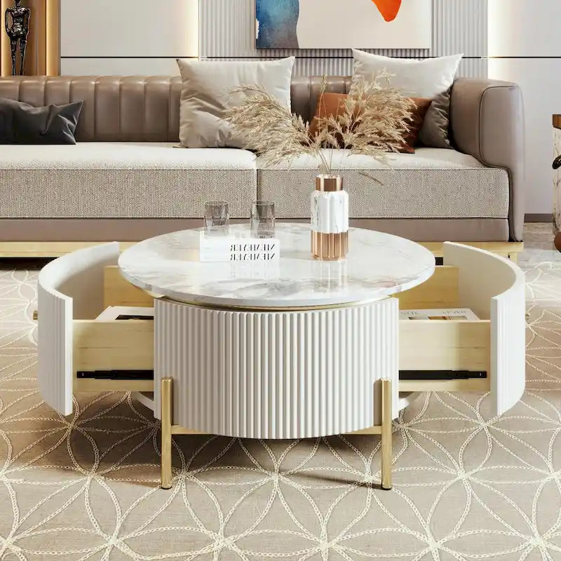 Table basse ronde moderne de 31,5 pouces avec grand espace de rangement dans le tiroir