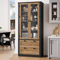Armoire de rangement de cuisine style champêtre avec portes vitrées, meuble de rangement de 72 pouces avec tiroirs et étagères réglables pour la salle à manger, la salle de bains ou le salon