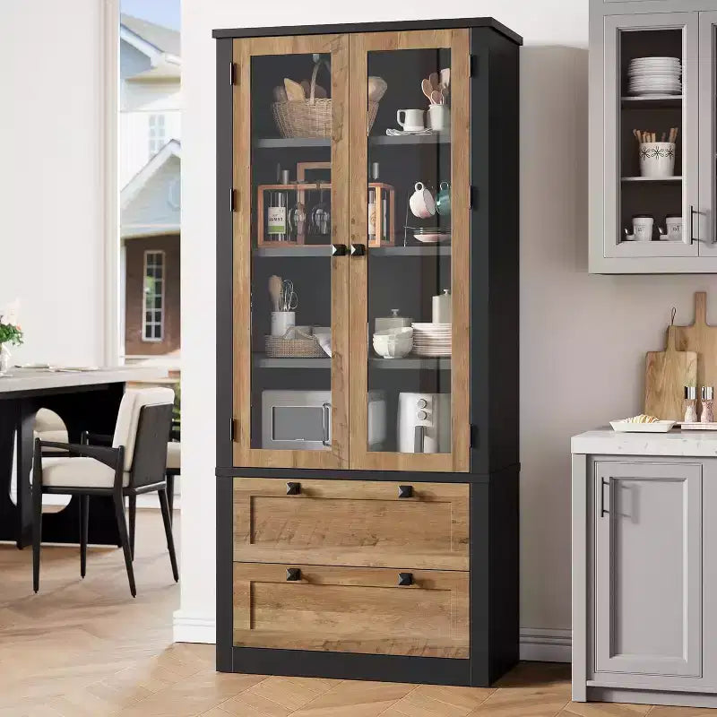 Armoire de rangement de cuisine style champêtre avec portes vitrées, meuble de rangement de 72 pouces avec tiroirs et étagères réglables pour la salle à manger, la salle de bains ou le salon