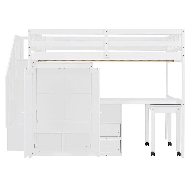 Lit mezzanine deux places avec escalier, bibliothèque, bureau et armoire – meuble multifonction gain de place pour enfants et adolescents – blanc