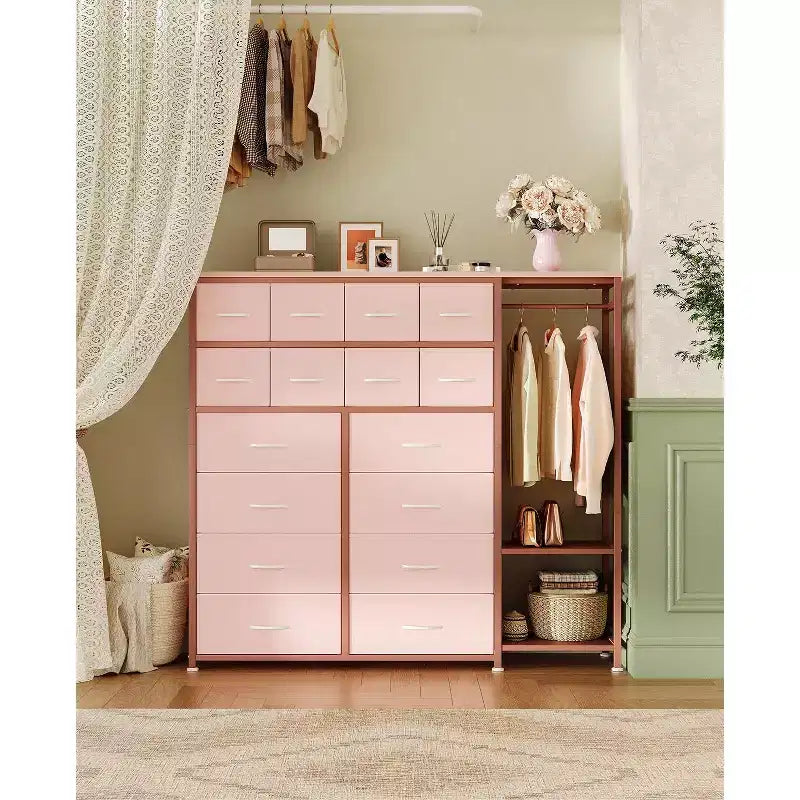 Commode avec 16 tiroirs, tringle et étagères, organisateur de rangement en tissu pour chambre, dressing ou entrée