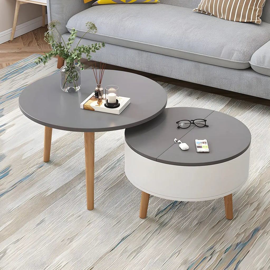 Moderne ronde houten salontafel in zwart en wit met opbergruimte