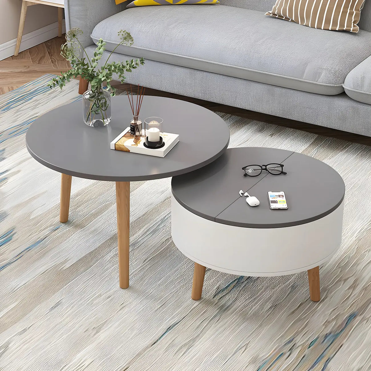 Moderne ronde houten salontafel in zwart en wit met opbergruimte
