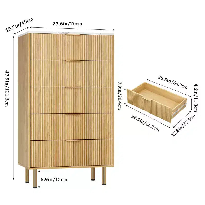 Commode blanche / marbre et bois à 5 tiroirs - panneau cannelé, pour 1 personne