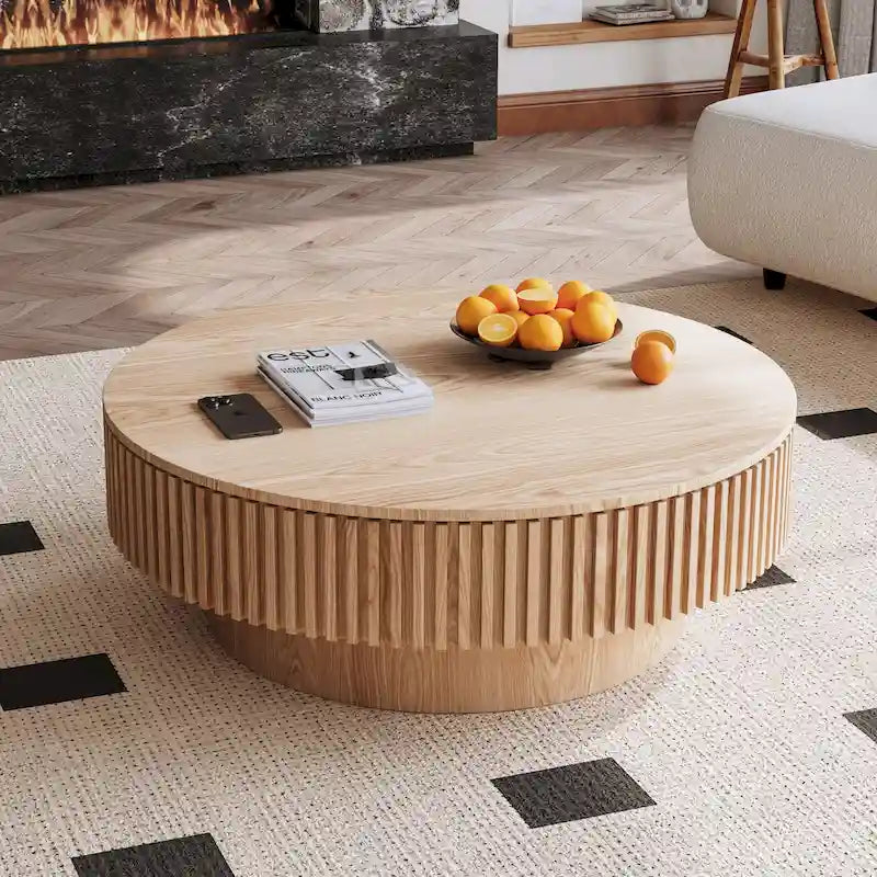 Table basse ronde moderne en bois massif plaqué avec rangement