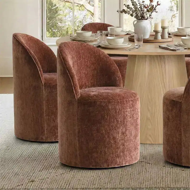 Modernes Esszimmer-Set für 6 Personen, runder Esstisch mit Säulenfuß, drehbare Fassstühle mit Rollen, Chenille-Strukturstoff – Panipeachy