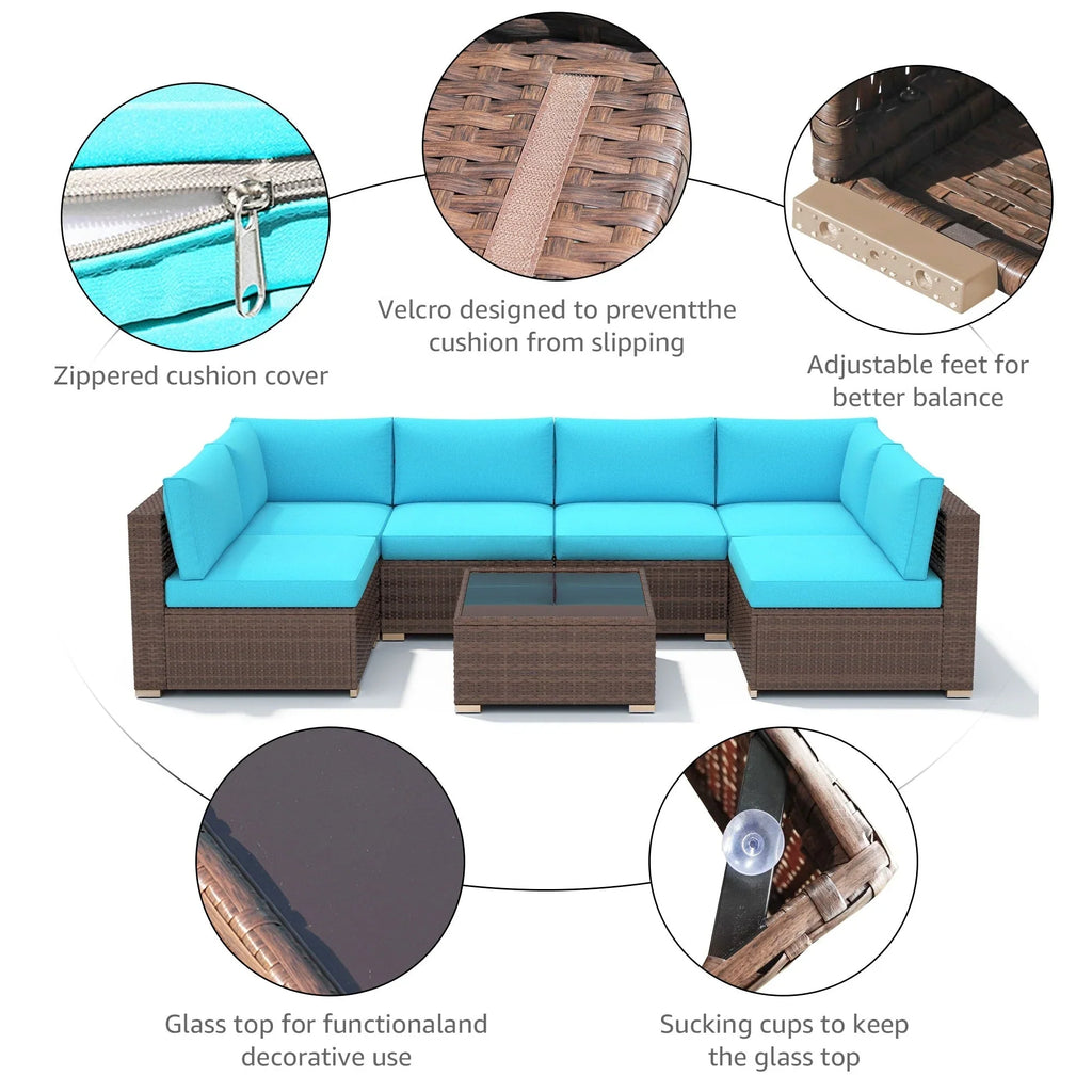7-delige outdoor loungeset van vlechtwerk en staal met kussens