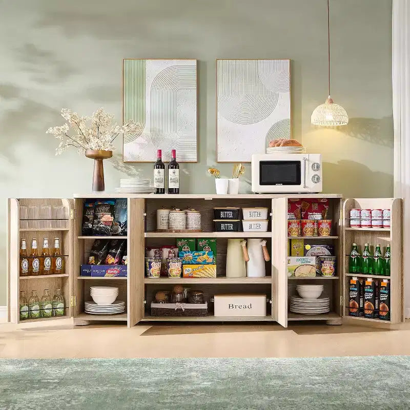 Buffet de cuisine avec 4 portes et étagères, grand buffet moderne, meuble de rangement, meuble de rangement pour coin café de 66 po