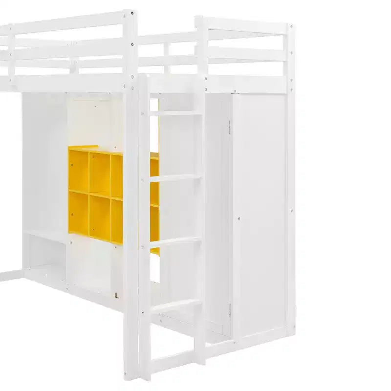 Kinderhoogslaper met kledingkast en planken, houten hoogslaperframe met opbergkast voor kinderen en tieners