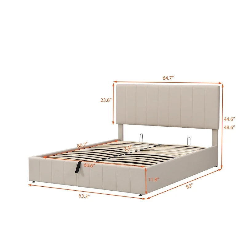 Gestoffeerd platformbed in queen-size met hydraulisch opbergsysteem - beige