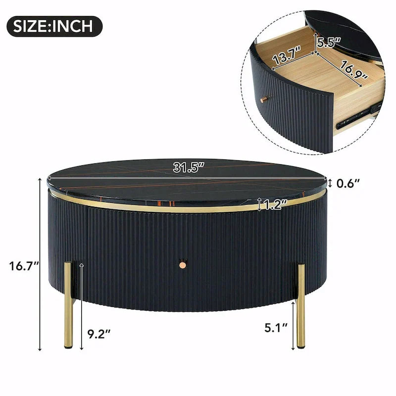 Table basse ronde moderne de 31,5 pouces avec grand espace de rangement dans le tiroir