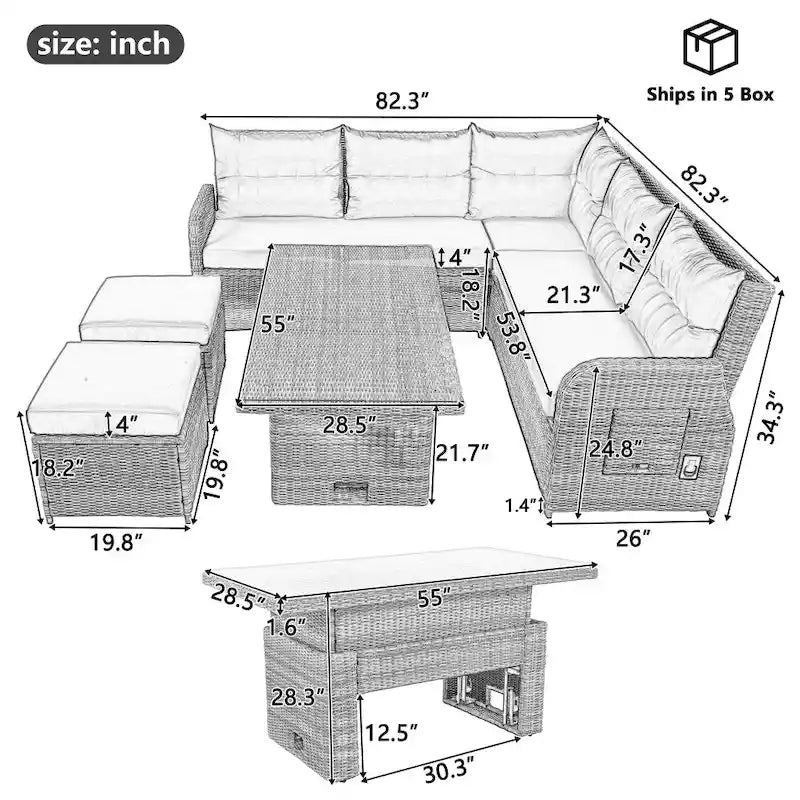 Outdoor-Rattanmöbel-Set mit verstellbarem Tisch, Relaxsesseln und 2 Hockern