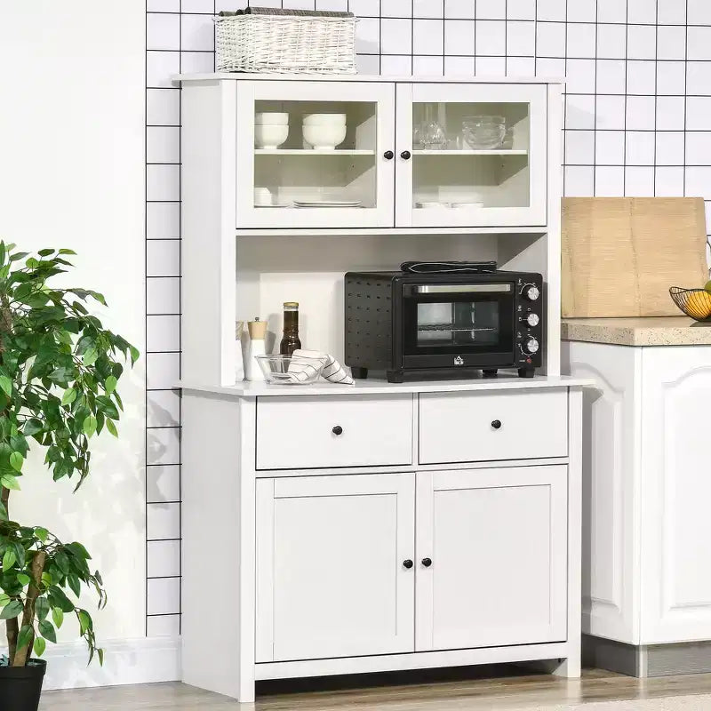 HOMCOM keukenbuffet van 63,5 inch met opzetkast, voorraadkast met 4 planken, laden, glazen deuren met frame en open werkblad voor magnetron