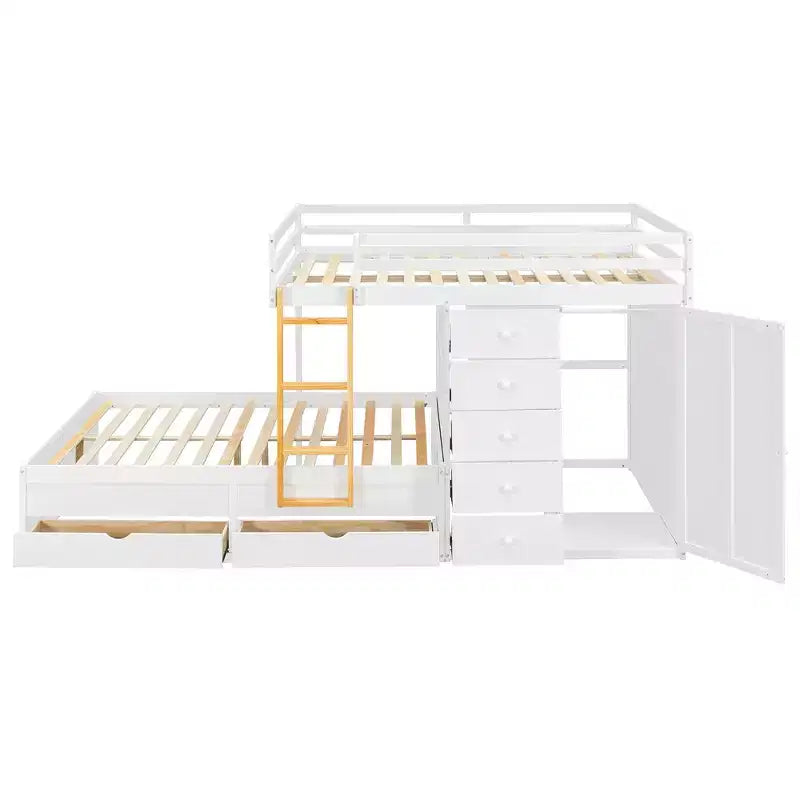 Stapelbed met twee volledige bedden, opbergkast en laden, houten ruimtebesparend stapelbed van volledig formaat met veiligheidshekje voor appartement of slaapkamer