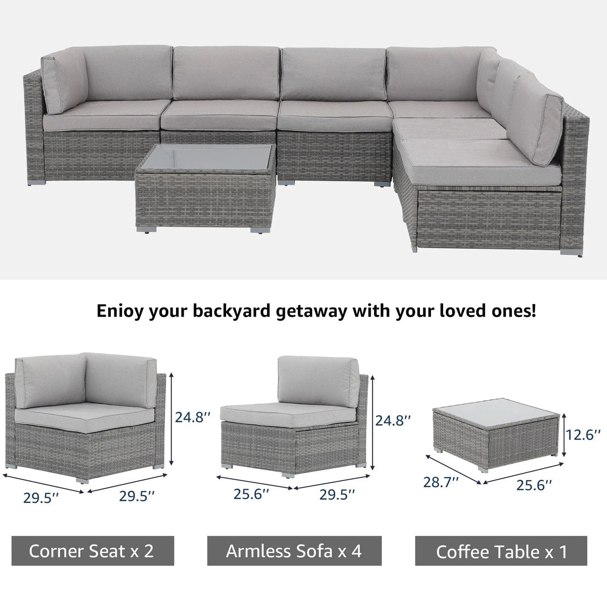 7-delige outdoor loungeset van vlechtwerk en staal met kussens