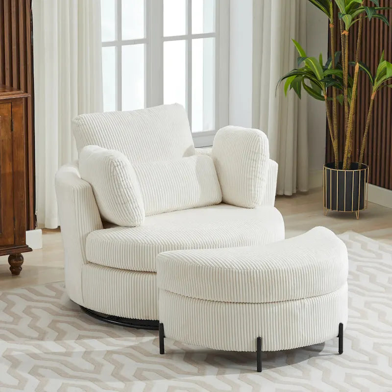 Fauteuil d’appoint pivotant rembourré de 42,3W avec 4 coussins et pouf de rangement demi-lune