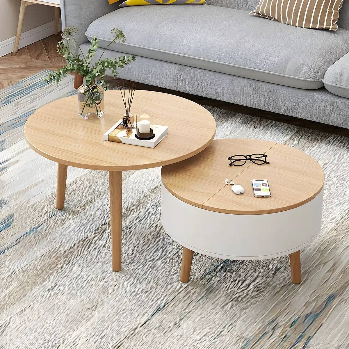 Moderne ronde houten salontafel in zwart en wit met opbergruimte