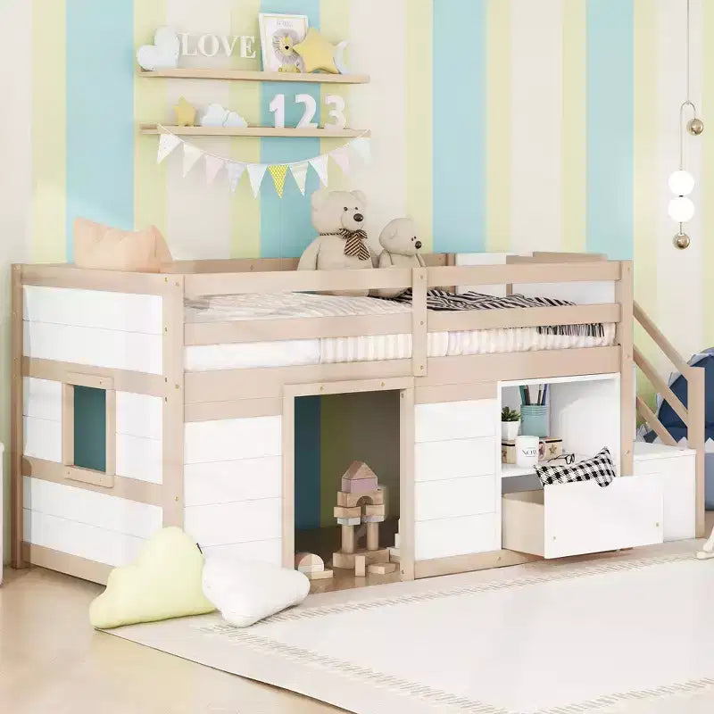 Lit mezzanine simple Okak en bois massif avec escalier et rangement, lit superposé simple bas avec tiroirs et étagères, lit mezzanine multifonctionnel pour enfants et adolescents