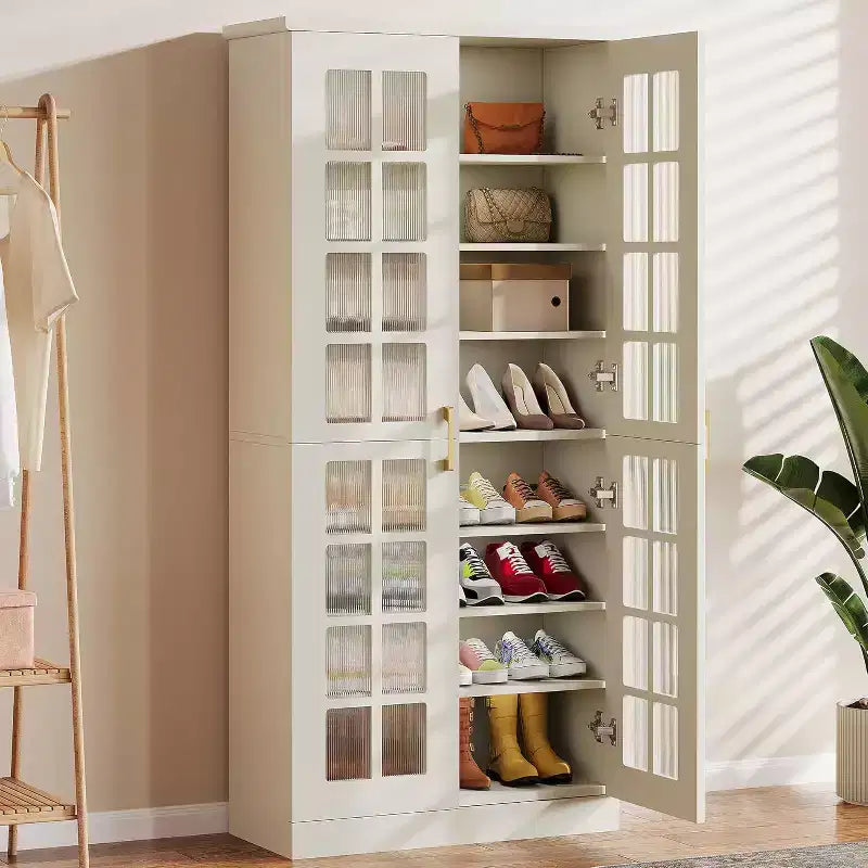Lantine hoge schoenenkast met deuren, schoenenopbergruimte met 8 niveaus en verstelbare planken, moderne schoenenkast voor hal, garderobe of woonkamer, wit