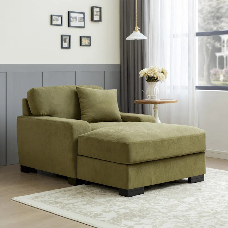 Nowoczesna, ponadgabarytowa sofa z szezlongiem i funkcją spania w stylu mid-century, z poduszką