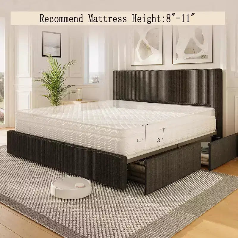 CuisinSmart corduroy bedframe met hoofdbord, gestoffeerd platformbed met 4 opbergladen en houten lattenbodem