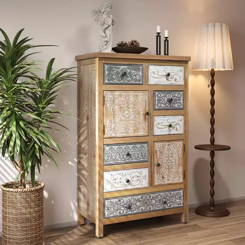 Vintage-Akzentschrank aus Holz mit 6 Schubladen und 2 Türen, rustikale, mehrfarbig geschnitzte Kommode fürs Wohnzimmer