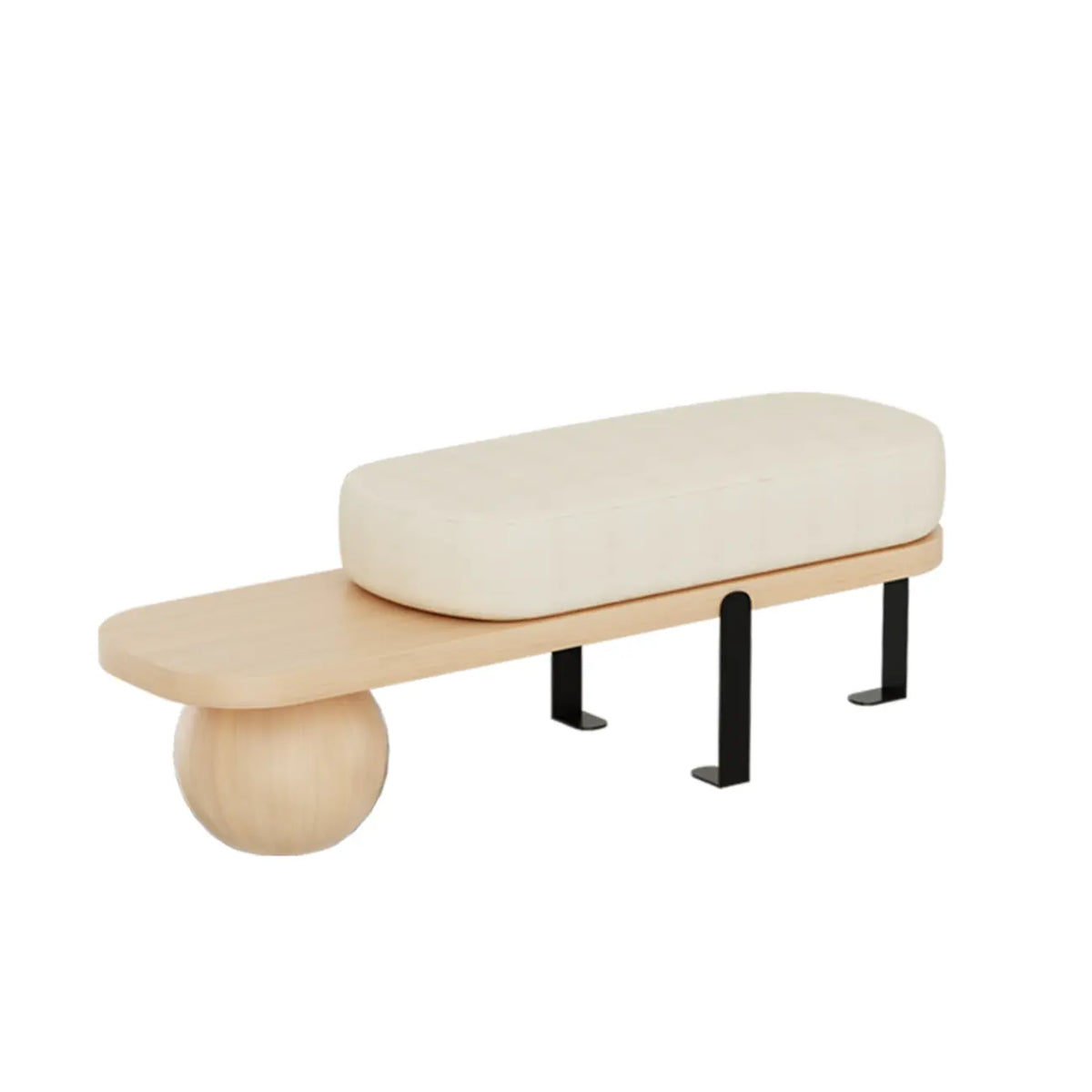 Moderne korte houten bank met beige bekleding