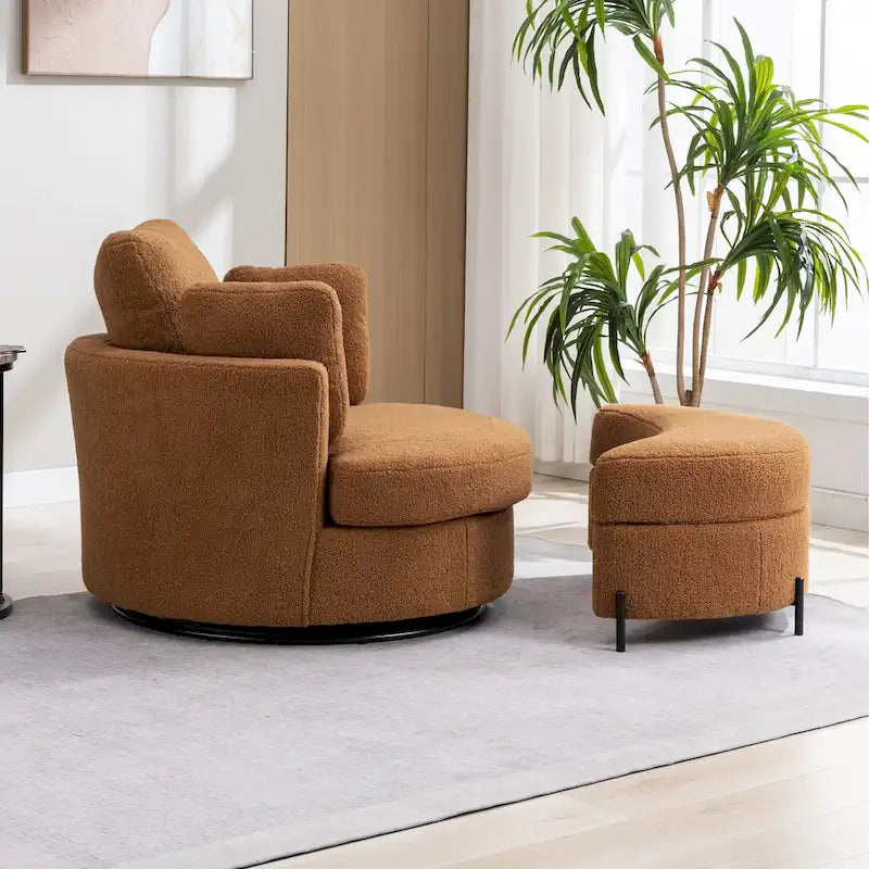 Fauteuil d’appoint pivotant rembourré de 42,3W avec 4 coussins et pouf de rangement demi-lune