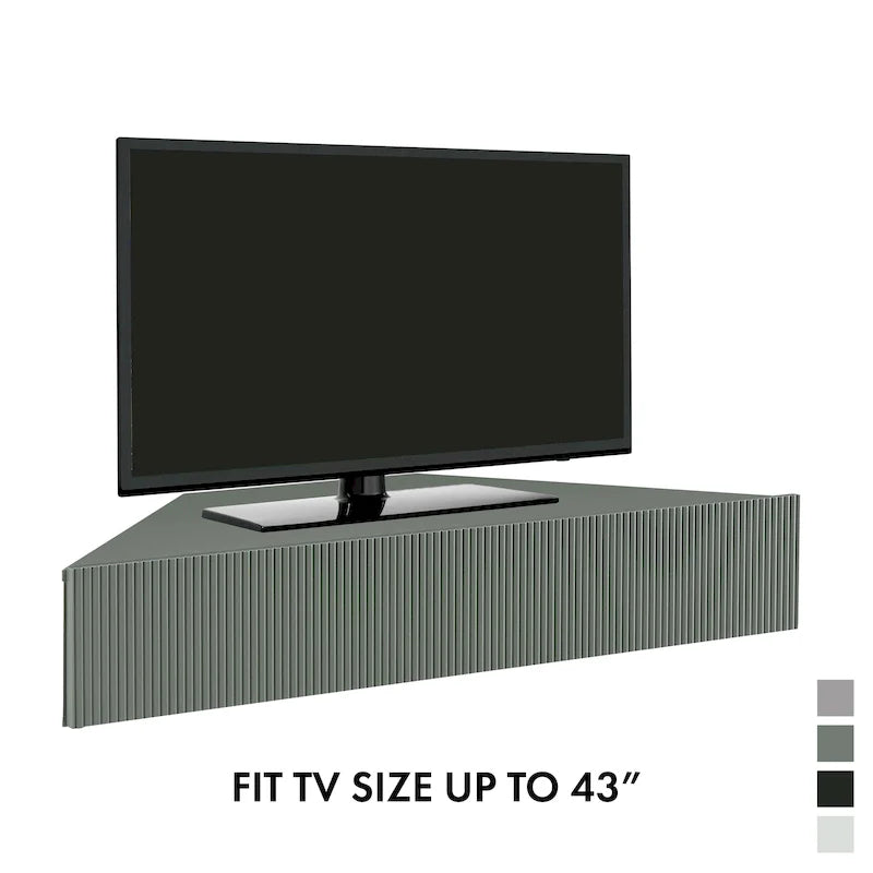 Meuble TV d’angle suspendu 47, 3 étagères, style transitionnel, fixation murale peu encombrante
